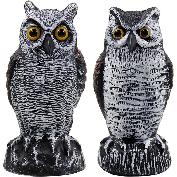 2 Pack Horned Owl Bird Scarecrow Decoy 10.5 Inch Height, Plastic Deterrents, Halloween Decoration, Nature Enemy Pest Repellent for Outdoor Garden Yard