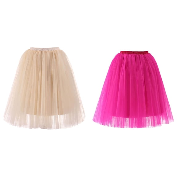 2 Pack(Hot Pink & Beige) Womens High Quality Pleated Hoop Skirt Petticoat Gauze Knee Length Skirts for Women Knee Length Tutu Dancing Skirt Beach Skirts