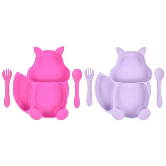 2 Pack Hot Pink/Purple Silicone Fox Plates With Suction Base And Matching Spoon And Fork Set BPA Free Dinnerware Set