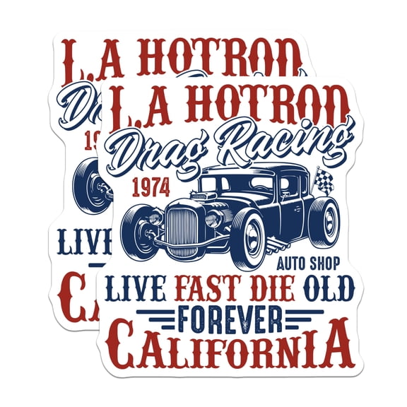(2 Pack) Hot Rod Stickers - Drag Racing Decal - California Car Culture Sticker - 5" On Longest Side - Sticks to Smooth Flat Surfaces - Made in USA - BMCS17208