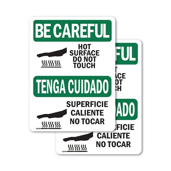 (2 Pack) Hot Surface Do Not Touch Bilingual OSHA Be Careful Sign