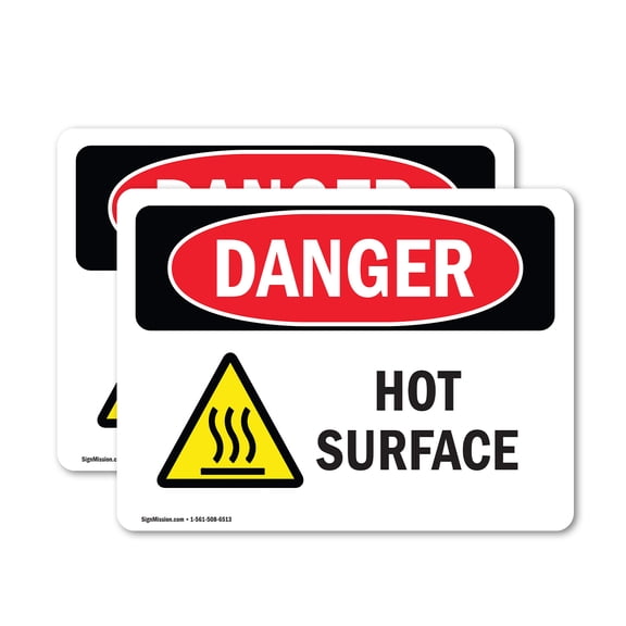 (2 Pack) Hot Surface OSHA Danger Sign 7 Inch X 5 Inch Vinyl Label Decal Sticker Weather Resistant, UV Protected for Workplace, Business, and Construction Site, Made in the USA