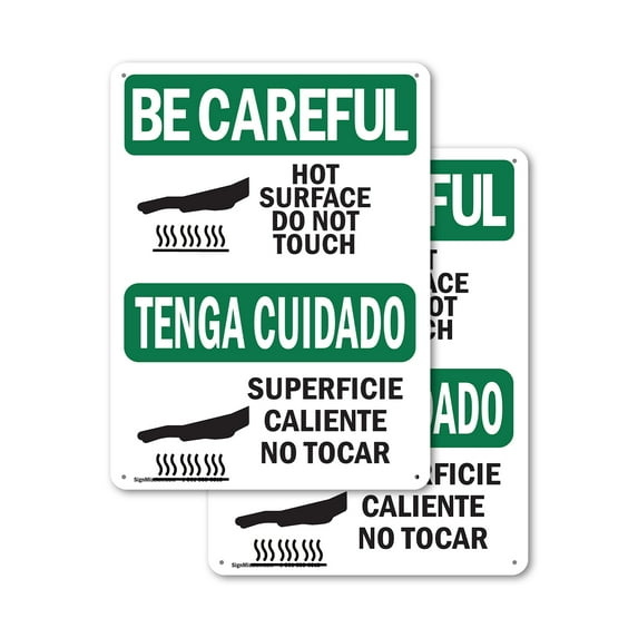 (2 Pack) Hot Surface Do Not Touch Bilingual OSHA Be Careful Sign 18 Inch X 24 Inch Plastic Sign, Weather Resistant, UV Protected for Workplace, Business, and Construction Site, Made in