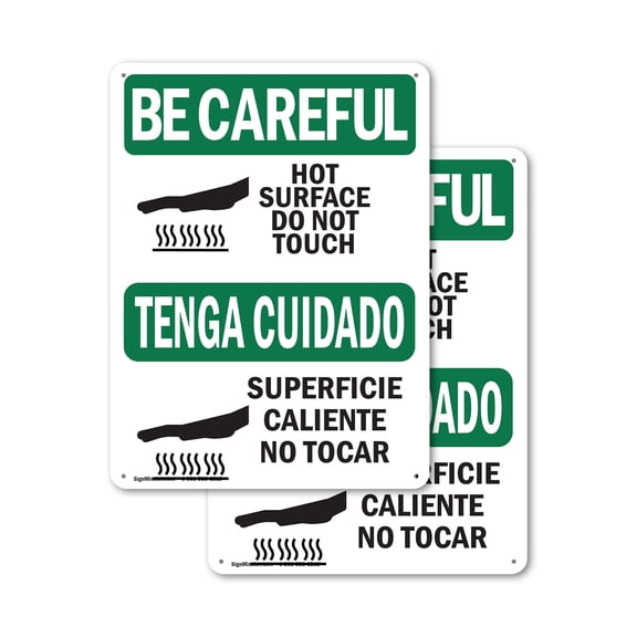 (2 Pack) Hot Surface Do Not Touch Bilingual OSHA Be Careful Sign 7 Inch X 10 Inch Plastic Sign, Weather Resistant, UV Protected for Workplace, Business, and Construction Site, Made in