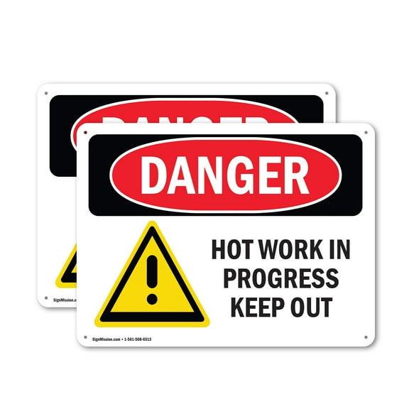 (2 Pack) Hot Work In Progress Keep Out OSHA Danger Sign 14 Inch X 10 Inch Plastic Sign, Weather Resistant, UV Protected for Workplace, Business, and Construction Site, Made in the USA