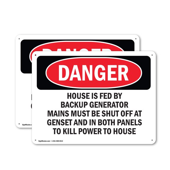 (2 Pack) House Is Fed By Backup Generator Mains Must OSHA Danger Sign 24 Inch X 18 Inch Plastic Sign, Weather Resistant, UV Protected for Workplace, Business, and Construction Site,