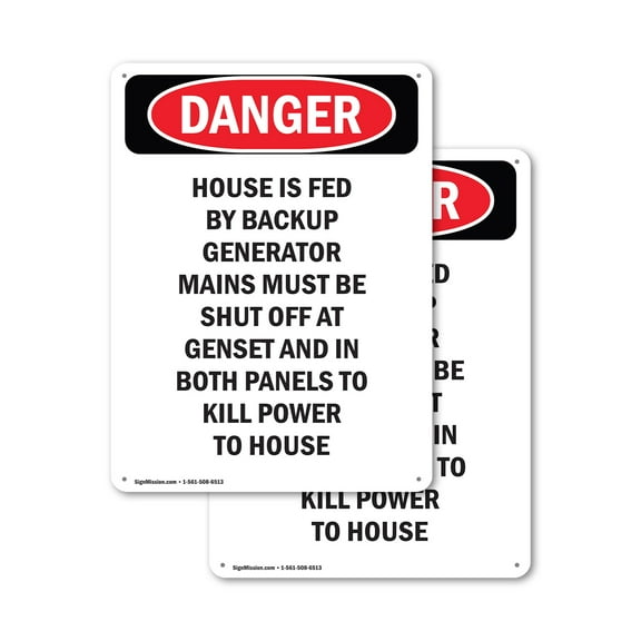 (2 Pack) House Is Fed By Backup Generator OSHA Danger Sign 7 Inch X 10 Inch Indoor / Outdoor Rust-Free Aluminum Metal Signs for Workplace, Workshop, and Construction Site, Made in the