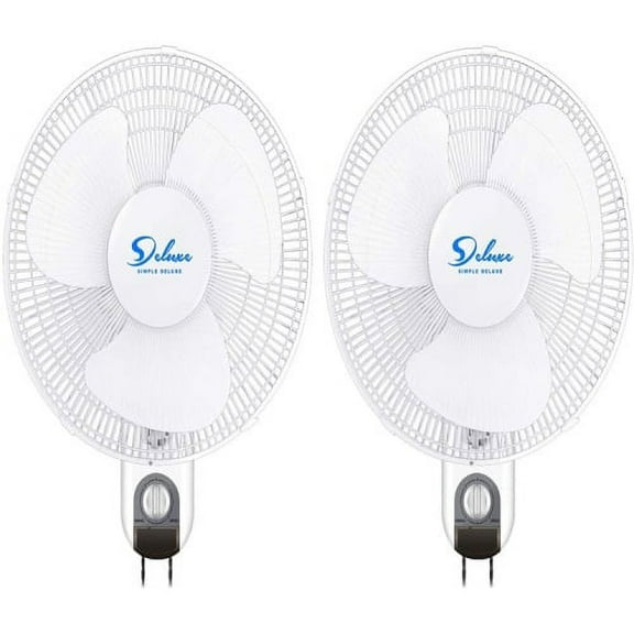 2 Pack Household Wall Mount Fans 16 Inch with Adjustable Tilt and 3 Speed Settings, White