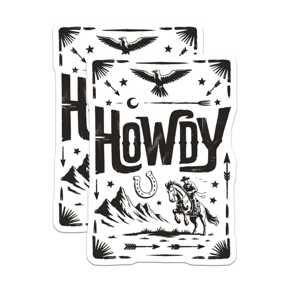 (2 Pack) Howdy Stickers - Cowboy Horse Rider - Western Ranch Decor - Rustic Eagle Art - 5" On Longest Side - Sticks to Smooth Flat Surfaces - Made in USA - BMCS22707