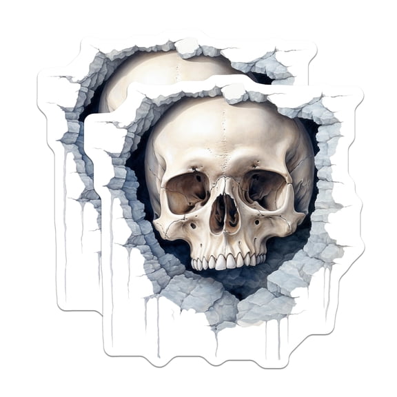 (2 Pack) Human Skull Stickers - Cracked Wall Art Decals - Gothic Macabre Design - Spooky Skeleton Head - 5" On Longest Side - Sticks to Smooth Flat Surfaces - Made in USA - BMCS20549