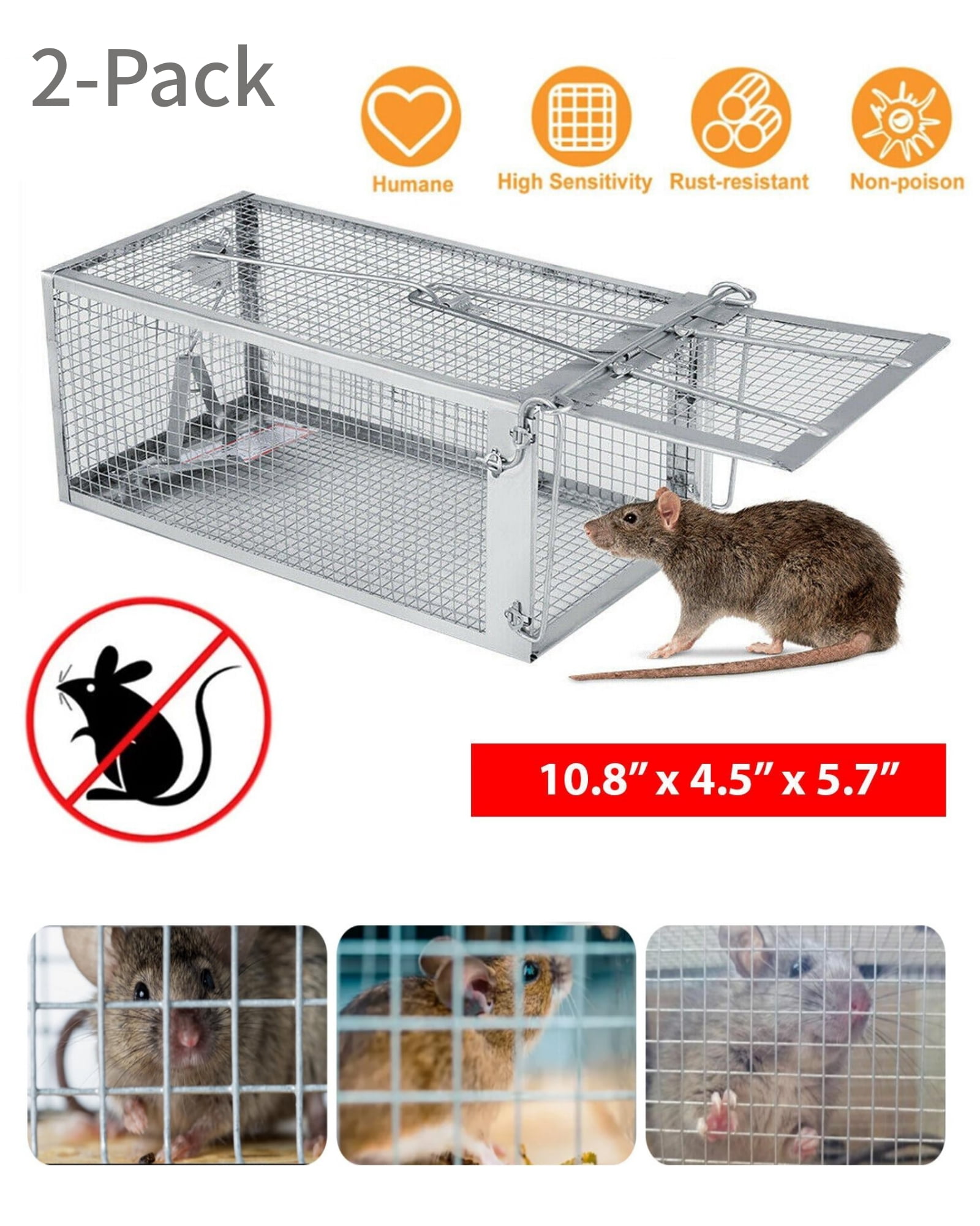 2-Pack Humane Live Catch Mouse Trap Cage, Galvanized Steel Reusable Rodent Trap with Auto Lock Door