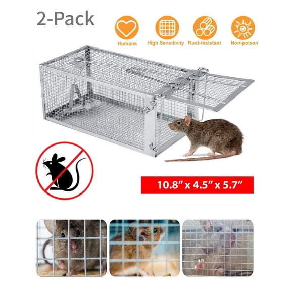 2-Pack Humane Live Catch Mouse Trap Cage, Galvanized Steel Reusable Rodent Trap with Auto Lock Door