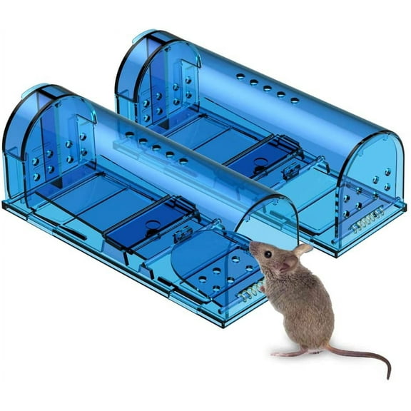 [2-Pack] Humane Mouse Trap - Catch and Release No-Kill Rodent Traps for Indoors & Outdoors - Safe for Children & Pets - Reusable Mouse Catcher for Kitchen, Pantry & Garage (Transparent Blue)