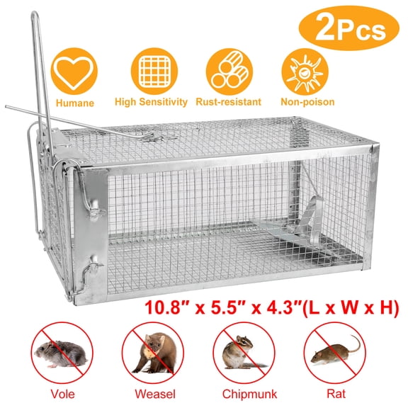 2 Pack Humane Mouse Trap High Sensitivity Gravity Pedal Auto-Lock Rodent Cage, Sturdy Galvanized Steel Small Mesh Escape-Proof Design for Mice Rats Voles Chipmunks, Safe Non-Toxic Indoor Outdoor Use