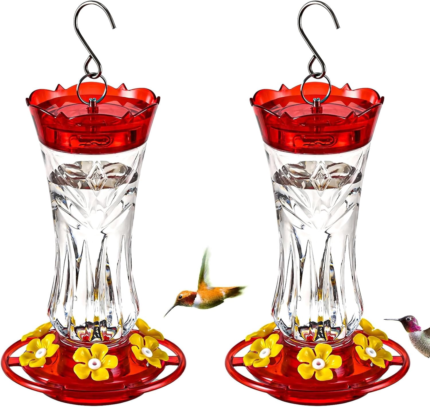 2 Pack Hummingbird Feeder for Outdoors Hanging, 18 OZ Humming Birds Feeders with 6 Bee Guard Feeding Ports & Built-in Ant Moat, Easy to Clean, Durable Outdoor Garden Decor(Clear AA)