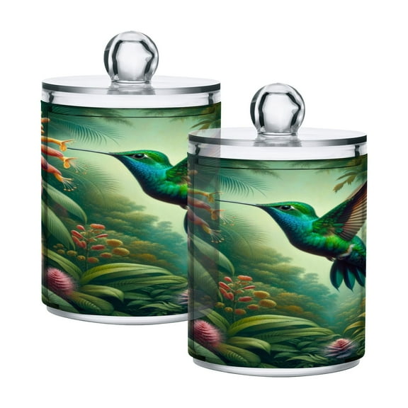 2 Pack Hummingbird Hovering on Flowers Qtip Holder Dispenser Clear Plastic Storage Apothecary Jars for Cotton Swabs Balls Pads Floss