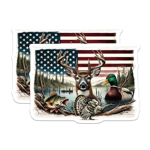 (2 Pack) Hunting Magnets - American Flag Decor - Wildlife Scene - Patriotic Home Magnets - Outdoorsman Gifts - 5" On Longest Side - for Cars, Fridges, Toolboxes - Made in USA - MAG6019