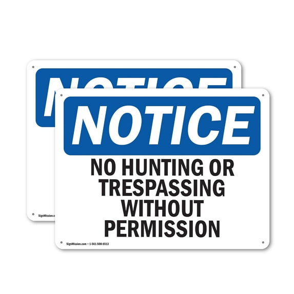 (2 Pack) No Hunting Or Trespassing Without Permission OSHA Notice Sign 10 Inch X 7 Inch Indoor / Outdoor Rust-Free Aluminum Metal Signs for Workplace, Workshop, and Construction Site,