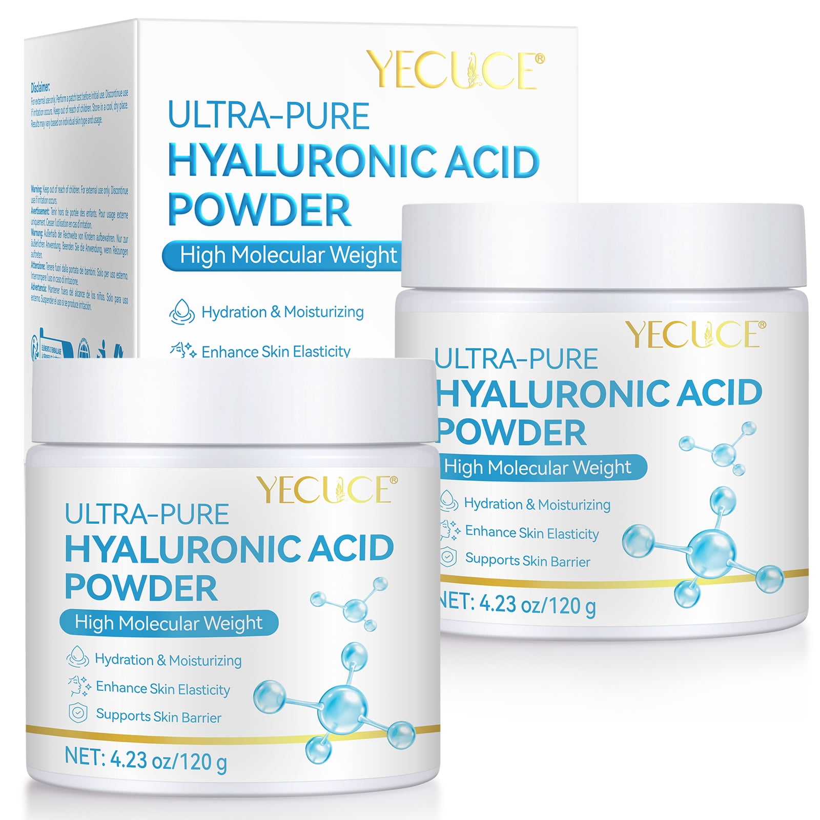 2-Pack Hyaluronic Acid Serum Powder, Hydration & Moisturizing, for Anti-Aging, Helps Replenish Moisture, 100% Natural, Water Soluble