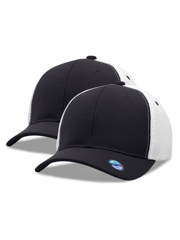 [2 Pack] Hybrid Stretch-Fitted Trucker Cap, Baseball Cap with Air Mesh Black/White L/XL