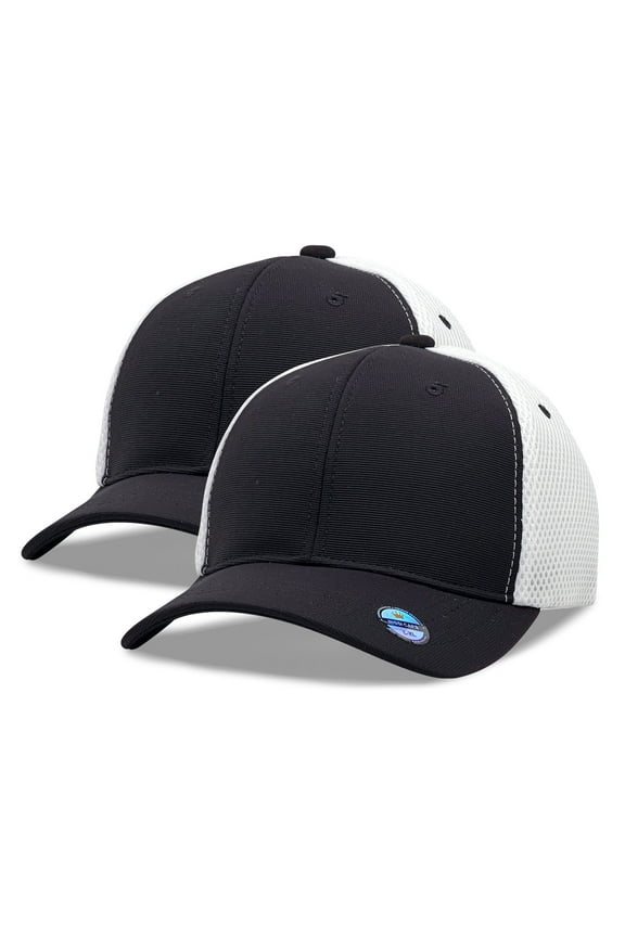 [2 Pack] Hybrid Stretch-Fitted Trucker Cap, Baseball Cap with Air Mesh Black/White L/XL