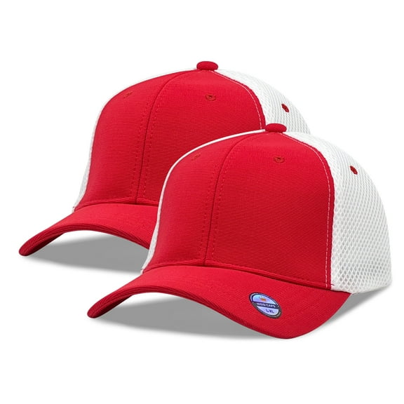 [2 Pack] Hybrid Stretch-Fitted Trucker Cap, Baseball Cap with Air Mesh Red/White L/XL