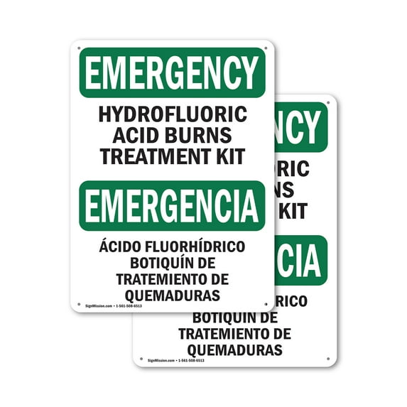 (2 Pack) Hydrofluoric Acid Burns Kit Bilingual OSHA Emergency Sign 12 Inch X 18 Inch Plastic Sign, Weather Resistant, UV Protected for Workplace, Business, and Construction Site, Made