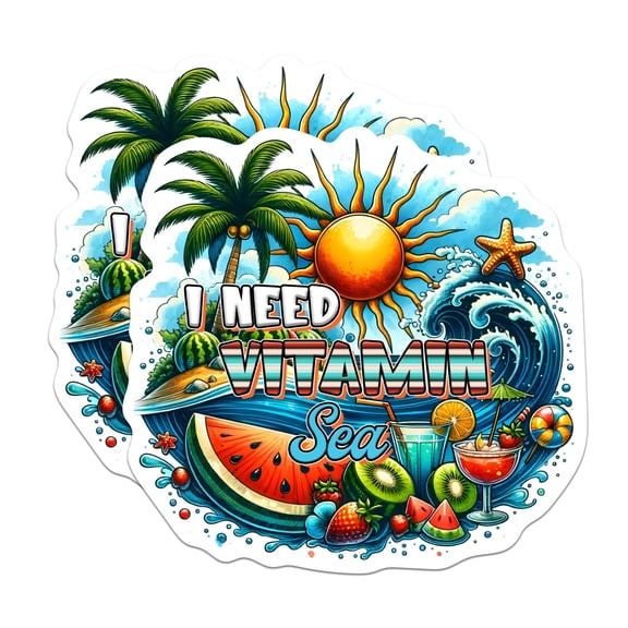 (2 Pack) I Need Vitamin Sea Stickers - Ocean Lover Beach Bum Sticker - 5 Inches On Longest Side - Premium Vinyl - for Cars, Trucks, Skateboards, Laptops - Made in USA - BMCS0651