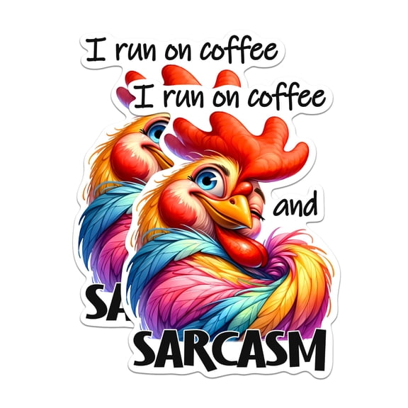 (2 Pack) I Run On Coffee and Sarcasm Stickers - Funny Chicken Rooster Sticker - Sarcastic - 5 Inches On Longest Side - Premium Vinyl - for Cars, Trucks, Skateboards, Laptops - Made in USA - BMCS1042