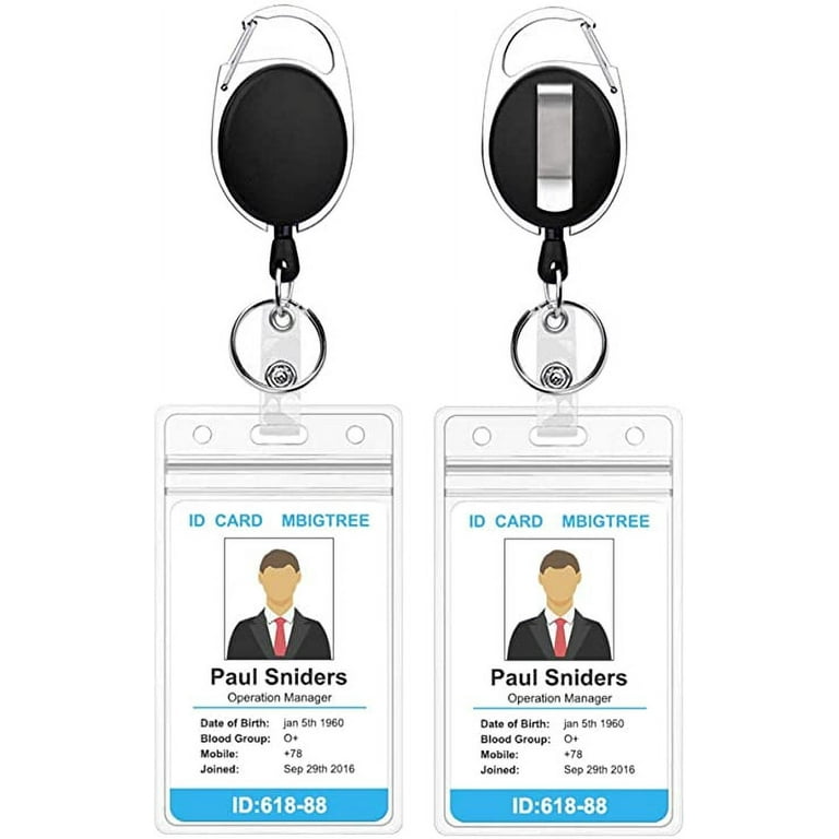 2 Pack ID Badge Holder With Clip – Badge Reels Retractable Heavy Duty –  Clear Id Card Holder Retractable – Vertical Lanyard Id Holder with  Carabiner Badge Reel – Badge Holders with