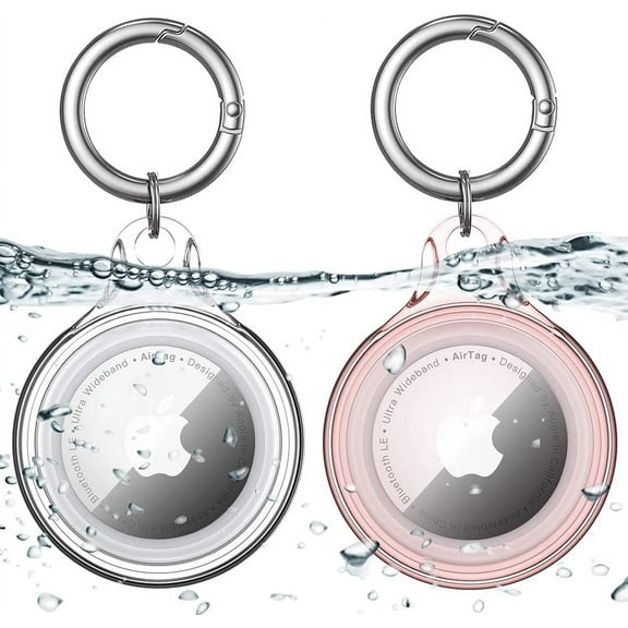 2 Pack IPX8 Waterproof AirTag Holder Keychain [Mil-Grade Protection] Hard PC Case Cover for Apple Air Tag, Anti-Scratch, Shockproof Tracker for Kids, Luggage, Key, Dog Collar (Clear+Red)