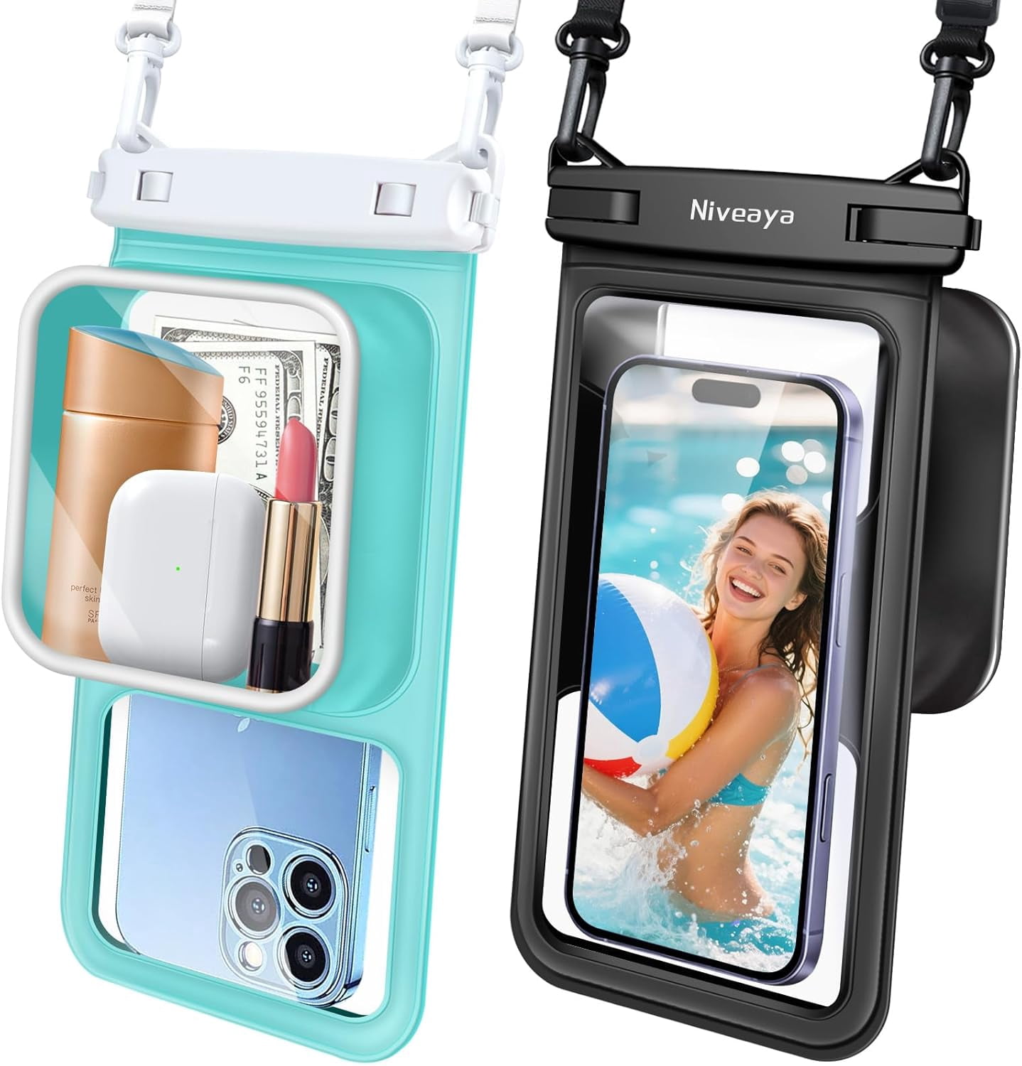 2 Pack IPX8 Waterproof Phone Pouch, Large Space Cell Phone Pouch Floating, Water Proof Phone Case with Lanyard, Phone Dry Bag Beach Cruise Ship Essentials(Up to 8.5")