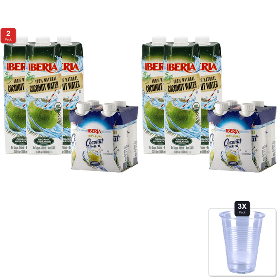 2 Pack | Iberia 100% Pure Organic Coconut Water, 1 Liter, 33.8 Fl Oz (Pack Of 3) + Iberia 100% Natural Coconut Water 11.1 Oz (Pack Of 4) & 3x Disposable Cup