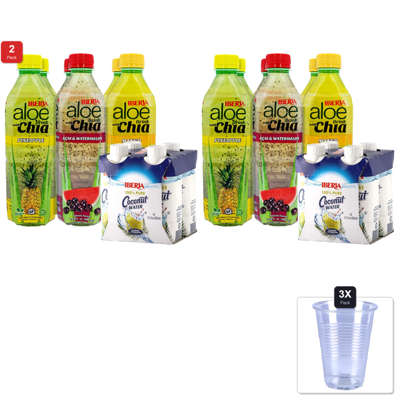 2 Pack | Iberia Aloe Vera Drink With Aloe Pulp And Chia Seeds 16.9 Ounce 6pk 2 Watermelon & Acai, 2 Mango, 2 Pineapple + Iberia 100% Natural Coconut Water 11.1 Oz 4pk & 3x Disposable Cup