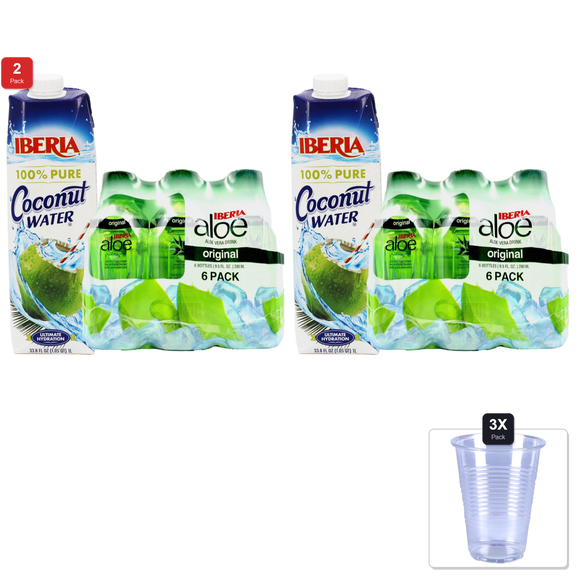 2 Pack | Iberia Coconut Water, 33.8 Fl Oz + Iberia Aloe Vera Juice Drink With Aloe Pulp, Original, 9.5 Fl Oz, Pack Of 6 & 3x Disposable Cup