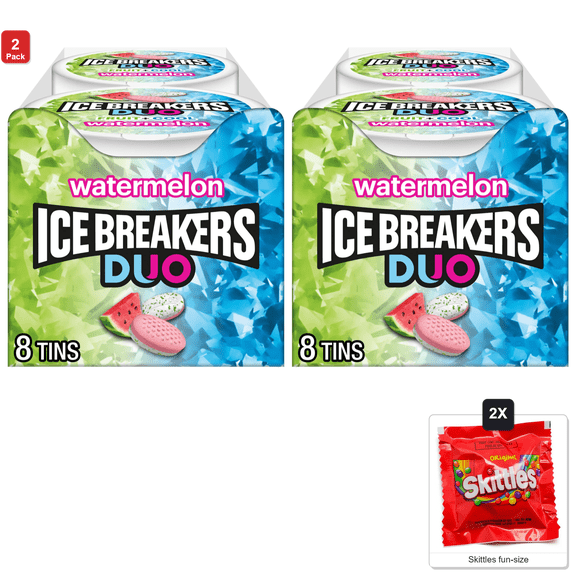 2 Pack | Ice Breakers Duo Fruit Plus Cool Watermelon Sugar-Free Mints Tins, 1.3 oz 8 Count, with 2 Skittles Fun Size