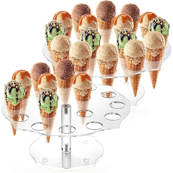 2 Pack Ice Cream Cone Holder, 16 Holes Acrylic Waffle Cone Display Stand, Clear Hand Roll Sushi Popcorn Rack for Party Buffet Birthday Wedding