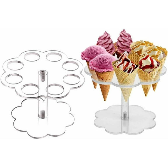 2 Pack Ice Cream Cone Holder Stand with 8 Holes Capacity, Clear Acrylic Waffle Cone Holder for Mini Ice Cream Cones Snow Cone Hand Roll Sushi Popcorn Sweets Savory