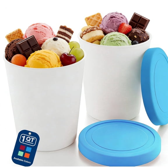 2 Pack Ice Cream Containers 1 Quart Each – Reusable Freezer Storage Tubs with Silicone Lids for Homemade Ice Cream, Sorbet, Gelato, BPA Free Stackable Leakproof Safe, Blue