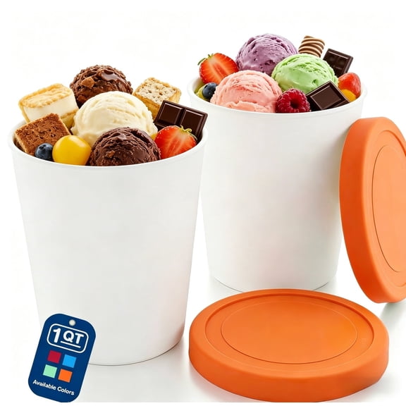 2 Pack Ice Cream Containers 1 Quart Each – Reusable Freezer Storage Tubs with Silicone Lids for Homemade Ice Cream, Sorbet, Gelato, BPA Free Stackable, Orange