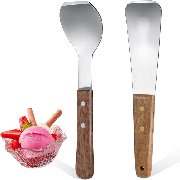 2 Pack Ice Cream Spade Set, Stainless Steel Ice Cream Scoop with Wooden Handle, Butter Cutter and Cake Scraper, Essential Kitchen Tool for Home Use