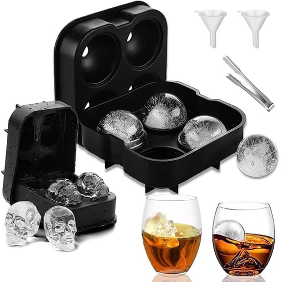 2 Pack Ice Cube Trays for Cocktail, Silicone 3D Skull Ice Cube Tray and Sphere Ice Ball Mold with Ice Cube Clamp, Funny Ice Skull for Whisky, Easy Release Black