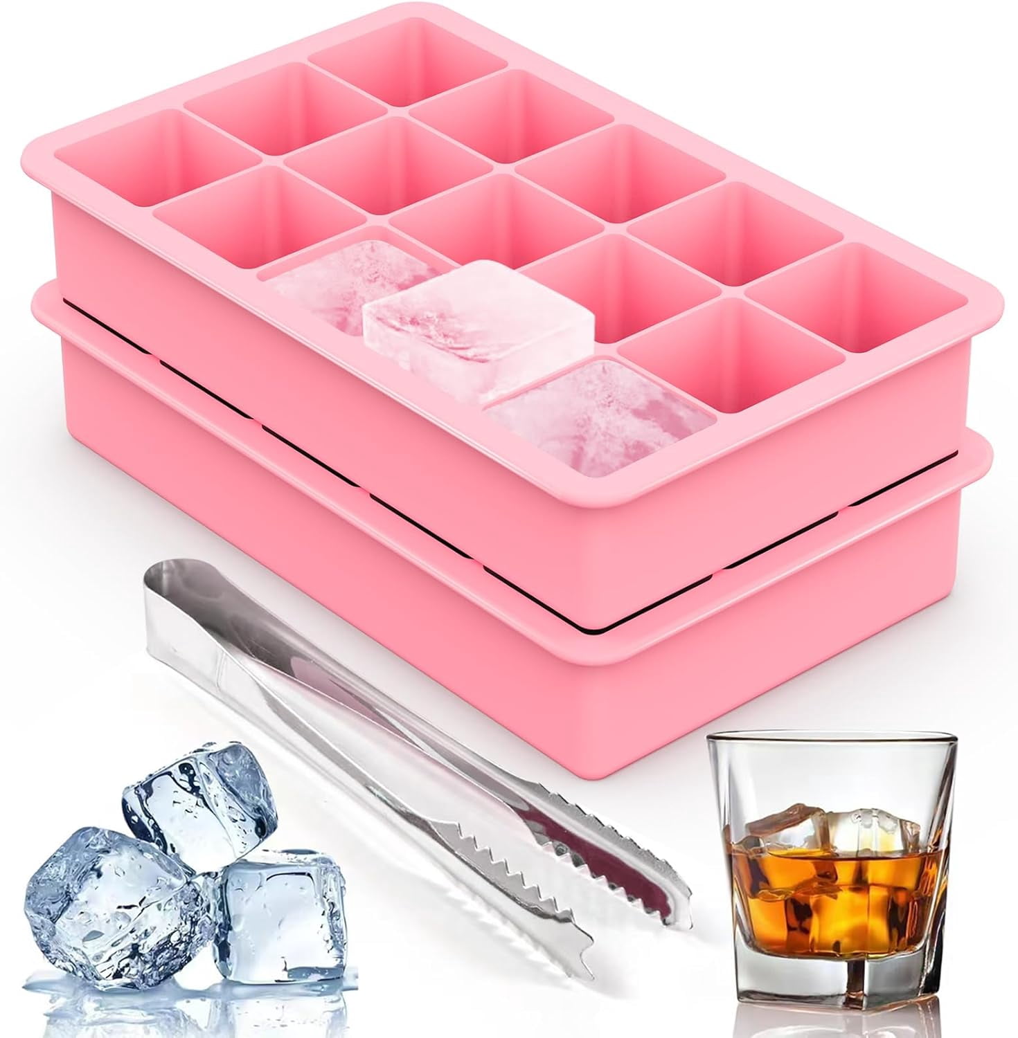 2-Pack Silicone Ice Cube Trays – 1.25" Square, 30 Cubes (15 per Tray), Easy-Release – BPA-Free – For Freezer/Cocktail/Whiskey – 5 Colors