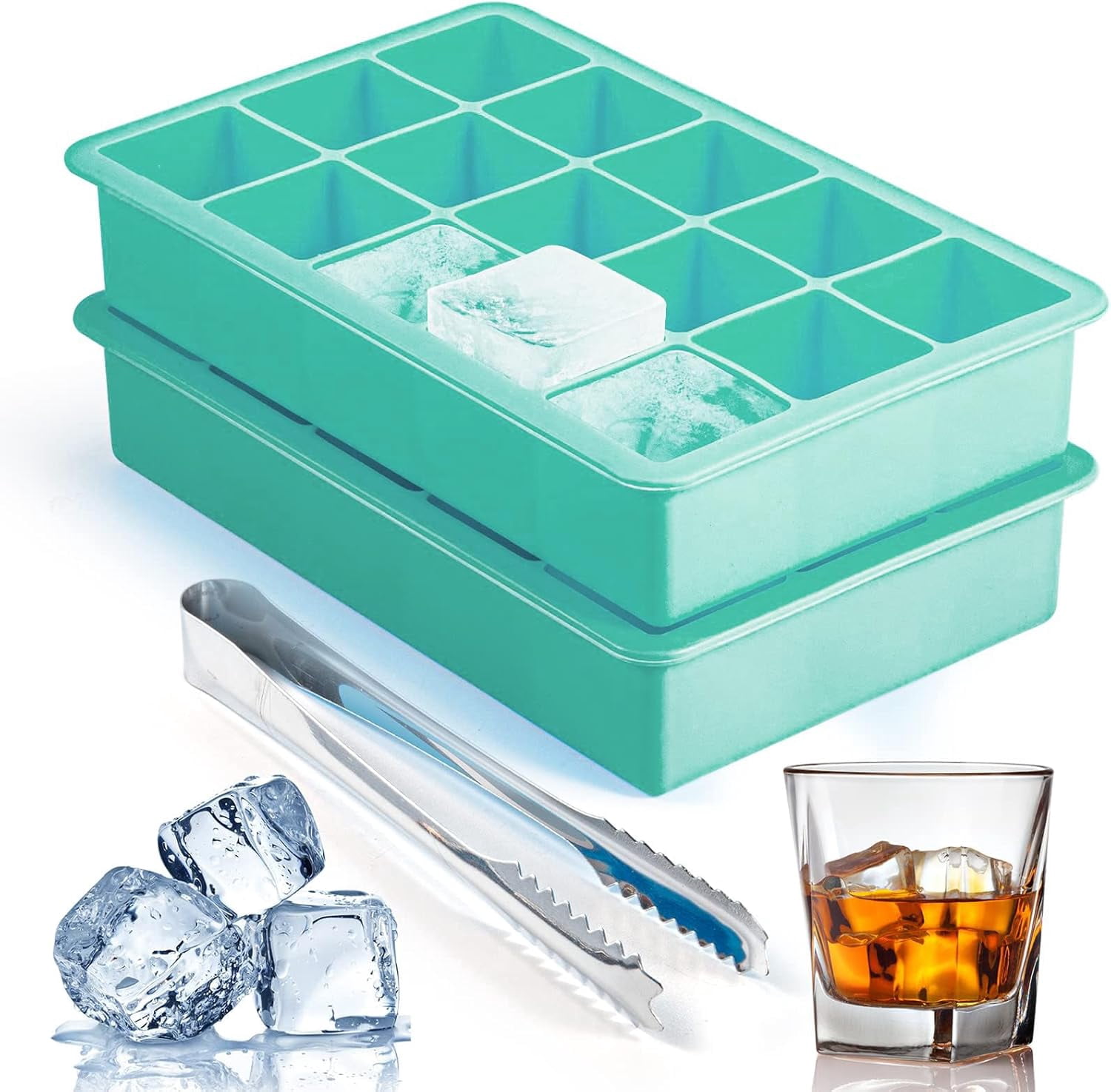 2-Pack Silicone Ice Cube Trays – 1.25" Square, 30 Cubes (15 per Tray), Easy-Release – BPA-Free – For Freezer/Cocktail/Whiskey – 5 Colors