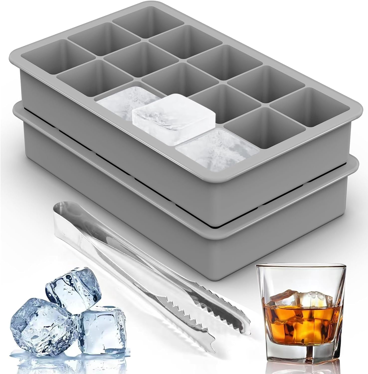 2-Pack Silicone Ice Cube Trays – 1.25" Square, 30 Cubes (15 per Tray), Easy-Release – BPA-Free – For Freezer/Cocktail/Whiskey – 5 Colors