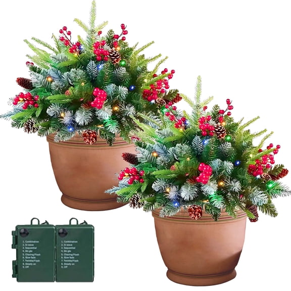 2 Pack Ideaplaned Pre-lit Feel-Real Artificial Christmas Tree Urn Filler – Weatherproof with Lights & Tripod Stake, Holiday Decor for Entryways & Patios
