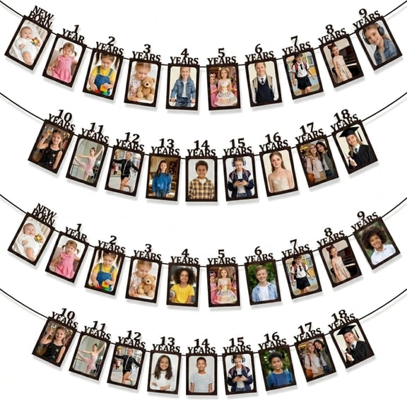 2 Pack Identical DIY Newborn to 18 Photo Banner Kit with Black Cord & Threading Tool, Milestone Picture Frame Garland for 18th Birthday Coming-of-Age Party Wall Decor