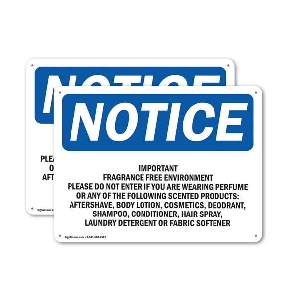 (2 Pack) Important Fragrance Free Environment Please OSHA Notice Sign 10 Inch X 7 Inch Plastic Sign, Weather Resistant, UV Protected for Workplace, Business, and Construction Site, Made
