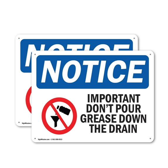 (2 Pack) Important Don't Pour Grease OSHA Notice Sign 18 Inch X 12 Inch Indoor / Outdoor Rust-Free Aluminum Metal Signs for Workplace, Workshop, and Construction Site, Made in the USA