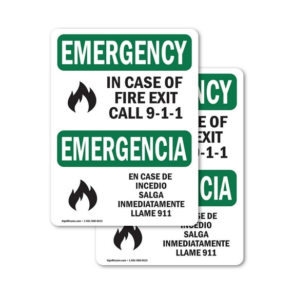 (2 Pack) In Case Of Fire Exit Call 9-1-1 Bilingual OSHA Emergency Sign